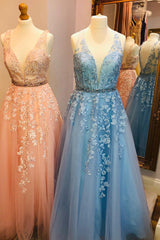 Formal Dress Ballgown, Elegant V Neck Appliques A-Line Long Tulle Prom Dress