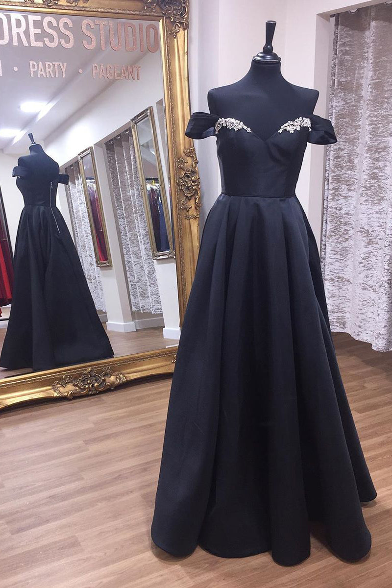 Bridesmaid Dresses Different Color, Off Shoulder A-Line Black Long Prom Dress with Beading Top