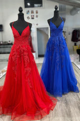 Formal Dress Boutique, Elegant V Neck A-Line Red Appliqued Long Prom Dress