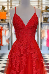 Formal Dress Australia, Elegant V Neck A-Line Red Appliqued Long Prom Dress