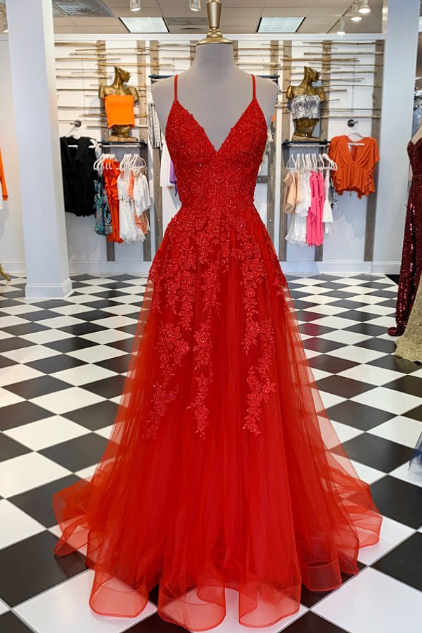 Formal Dresses Winter, Elegant V Neck A-Line Red Appliqued Long Prom Dress