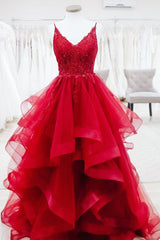 Formal Dress Winter, Elegant V Neck A-Line Beaded Red Long Prom Dress