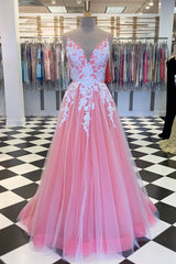 Formal Dresses Classy Elegant, Elegant V Neck Lace-Up Back Pink Long Prom Dress with Appliques