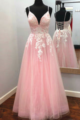 Formal Dress Lace, Elegant V Neck Lace-Up Back Pink Long Prom Dress with Appliques
