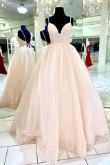 Formal Dress With Sleeve, Elegant Straps Lace-Up Back Blush Long Prom Dress