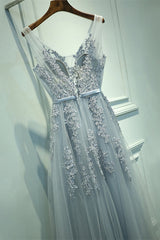 Prom Dresse 2039, A-line Tulle Grey Long Prom Dress