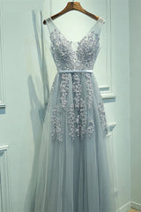 Prom Dressed 2039, A-line Tulle Grey Long Prom Dress