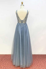 Bridesmaid Nail, V Neck Misty Blue Long Formal Dress