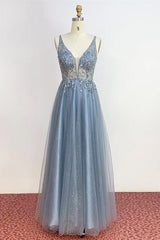 Floral Bridesmaid Dress, V Neck Misty Blue Long Formal Dress
