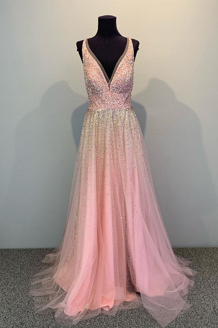 Black Dress, A-line V-Neck Sequin Long Pink Prom Dress