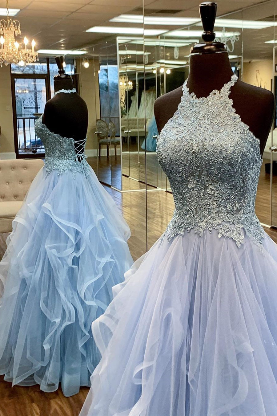 Evening Dresses Elegant, Elegant A-Line Halter Appliques Light Blue Prom Dress