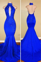 Formal Dresses For Ladies Over 66, Elegant Mermaid High Neck Royal Blue Long Prom Dress