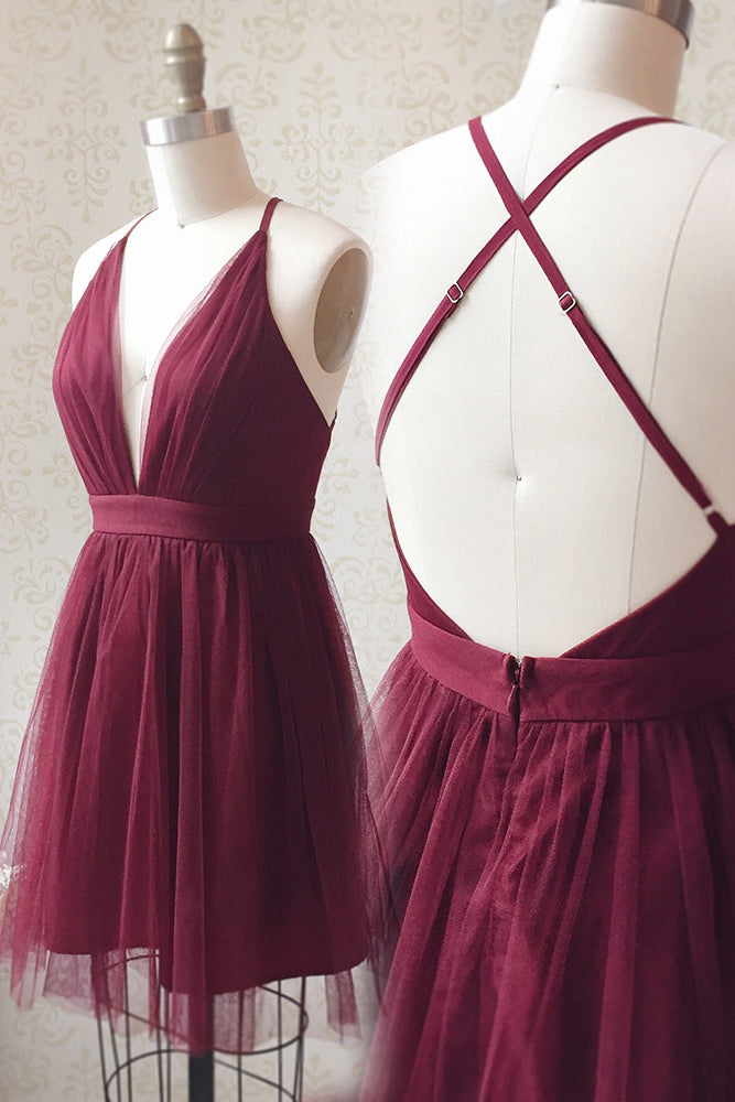 Party Dresses For Christmas, Straps A-line Burgundy Tulle Short Homecoming Dress