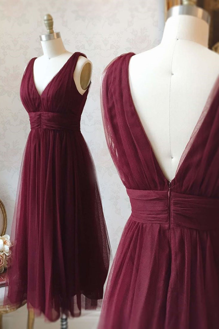 Prom Dress Elegant, Burgundy V Neck Empire Tulle Short Homecoming Dress