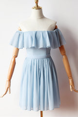 Bridesmaid Dresses By Color, Off the Shoulder Blue Chiffon Short Dress