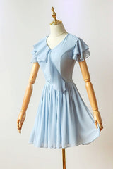 Formal Dresses For Sale, Flutter Sleeves Blue Chiffon Short Homecoming Dress