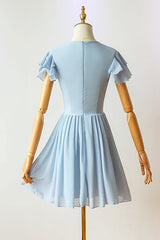 Formal Dresses Gown, Flutter Sleeves Blue Chiffon Short Homecoming Dress
