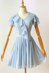 Formal Dress For Sale, Flutter Sleeves Blue Chiffon Short Homecoming Dress