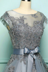 Pleated Dress, Elegant Cap Sleeves Short Grey Bridesmaid Dress with Ribbon