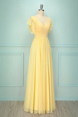 Formal Dress For Teen, Elegant V Neck Pleated Yellow Bridesmaid Dress with Ruffles