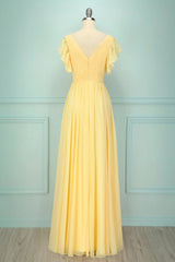 Formal Dress For Graduation, Elegant V Neck Pleated Yellow Bridesmaid Dress with Ruffles