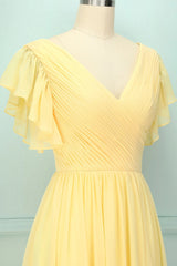 Formal Dresses For Teen, Elegant V Neck Pleated Yellow Bridesmaid Dress with Ruffles