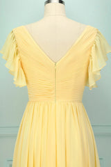 Formal Dress For Teens, Elegant V Neck Pleated Yellow Bridesmaid Dress with Ruffles