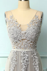 Yellow Prom Dress, A-line Low V-Back Grey Bridesmaid Dress with Lace