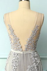 Floral Dress, A-line Low V-Back Grey Bridesmaid Dress with Lace