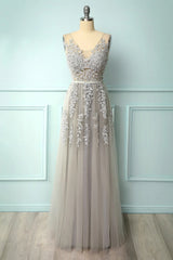 Vintage Prom Dress, A-line Low V-Back Grey Bridesmaid Dress with Lace