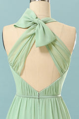 Modest Prom Dress, Halter Mint Green Bridesmaid Dress with Bowknot