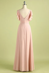 Formal Dress Inspo, Elegant V Neck Pleated Pink Bridesmaid Dress with Ruffles