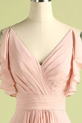 Formal Dresses To Wear To A Wedding, Elegant V Neck Pleated Pink Bridesmaid Dress with Ruffles
