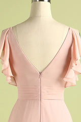 Formal Dresses And Evening Gowns, Elegant V Neck Pleated Pink Bridesmaid Dress with Ruffles