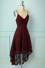 Prom Dress Inspo, Spaghetti Strap High-Low Burgundy Lace Bridesmaid Dress