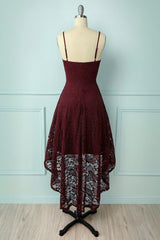 Fantasy Dress, Spaghetti Strap High-Low Burgundy Lace Bridesmaid Dress