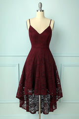 Classy Dress Outfit, Spaghetti Strap High-Low Burgundy Lace Bridesmaid Dress