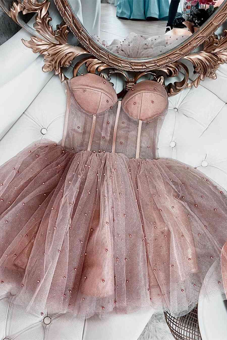 Night Out Outfit, Sparkly Beaded Strapless Dusty Rose Homecoming Dress
