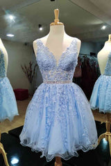 Prom Dresses Light Blue, Backless Light Blue Lace Applique Short Homecoming Dress