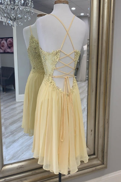 Elegant Prom Dress, V-Neck Yellow beaded Lace Applique Homecoming Dress