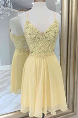 Unique Wedding Dress, V-Neck Yellow beaded Lace Applique Homecoming Dress