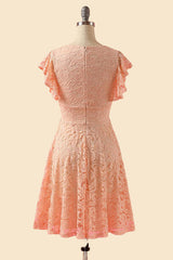 Party Dress, A-Line V-Neck Lace Peach Pink Bridesmaid Dress