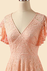 White Dress, A-Line V-Neck Lace Peach Pink Bridesmaid Dress