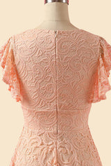Wedding Shoes, A-Line V-Neck Lace Peach Pink Bridesmaid Dress
