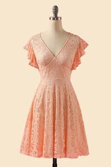 Graduation Dress, A-Line V-Neck Lace Peach Pink Bridesmaid Dress