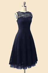 Homecoming Dress 2037, Crew Neck Lace Navy Blue Bridesmaid Dress