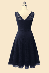 Homecoming Dress Website, Crew Neck Lace Navy Blue Bridesmaid Dress