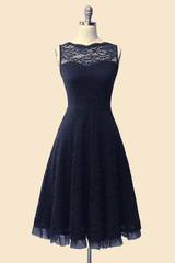 Homecoming Dress Websites, Crew Neck Lace Navy Blue Bridesmaid Dress