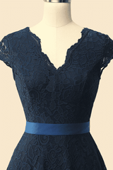 Bridesmaid Dress Ideas, A-Line Cap Sleeve Navy Blue Bridesmaid Dress with Belt