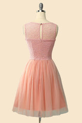 Glam Dress, Sleeveless Crew Neck Lace Pink Short Bridesmaid Dress